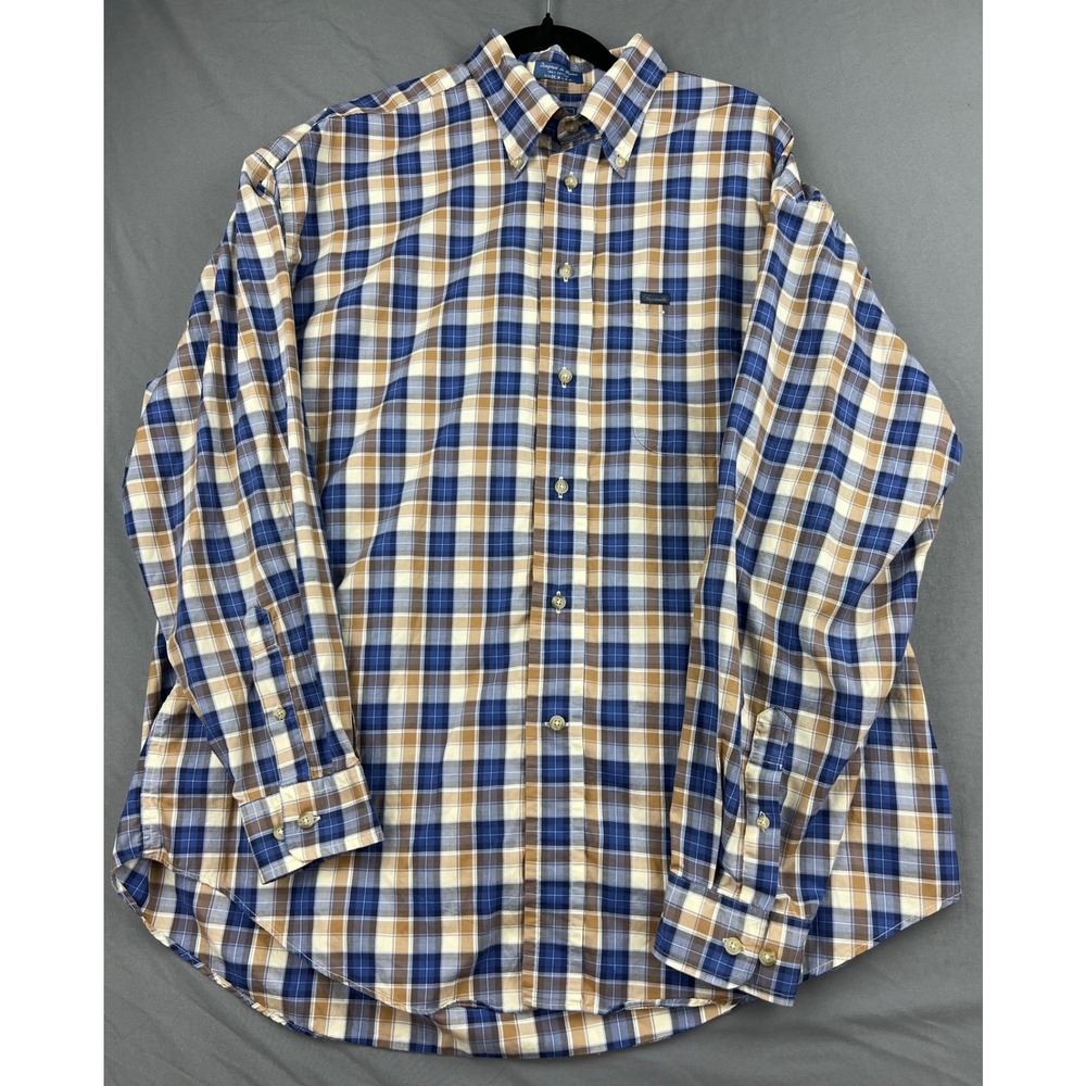 Faconnable Plaid Button Down Mens XL Blue Tan White Cotton Made in USA Excellent